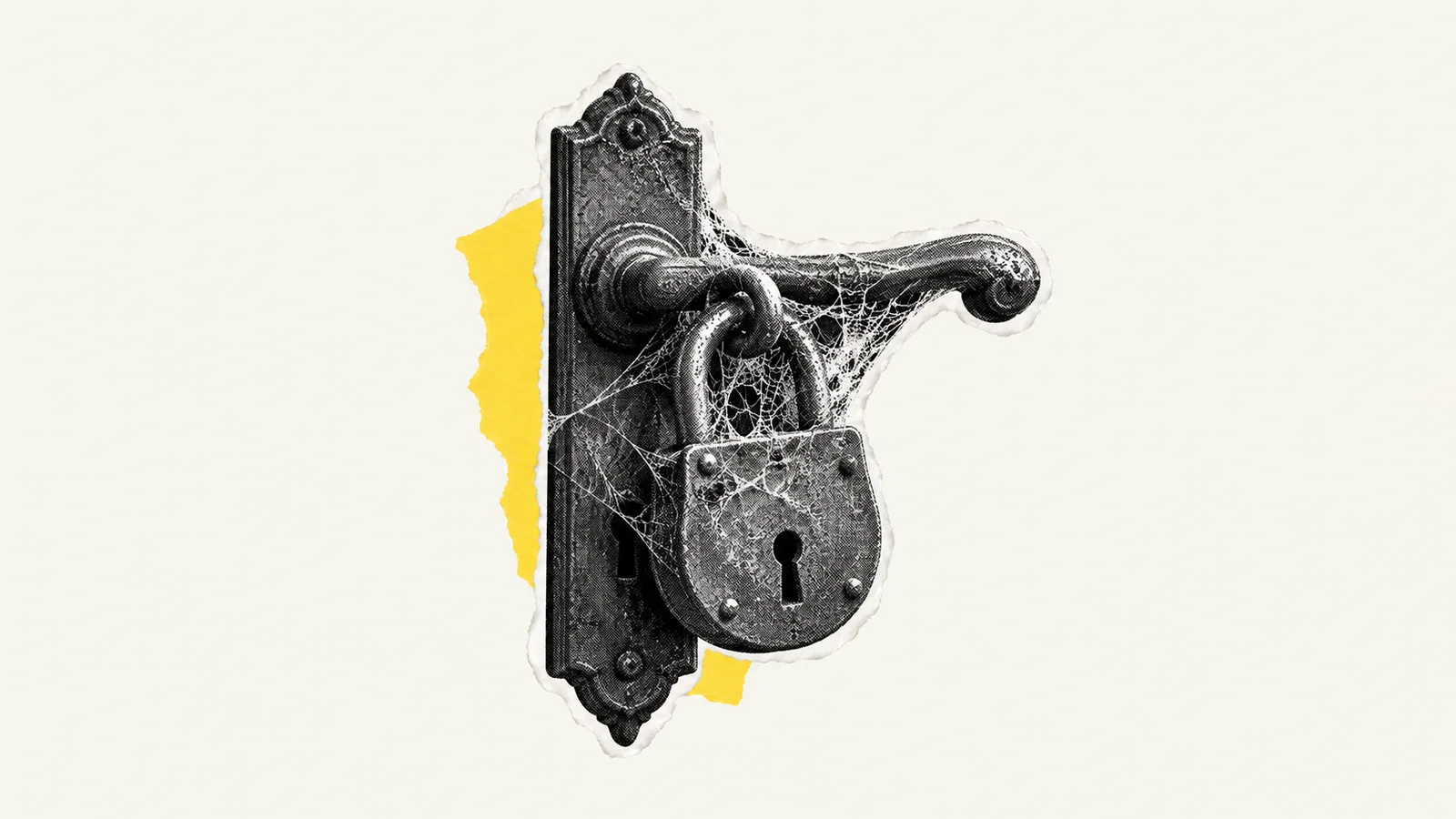 Een oud hangslot met spinnenweb aan een deurklink: een blokkade die niemand zich meer herinnert.