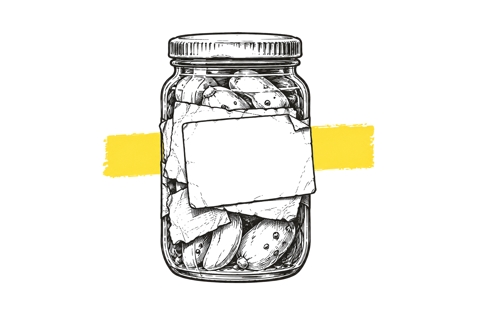 Lijntekening van een glazen pot met meerdere lege etiketten over elkaar heen geplakt, het nieuwste geel gemarkeerd.