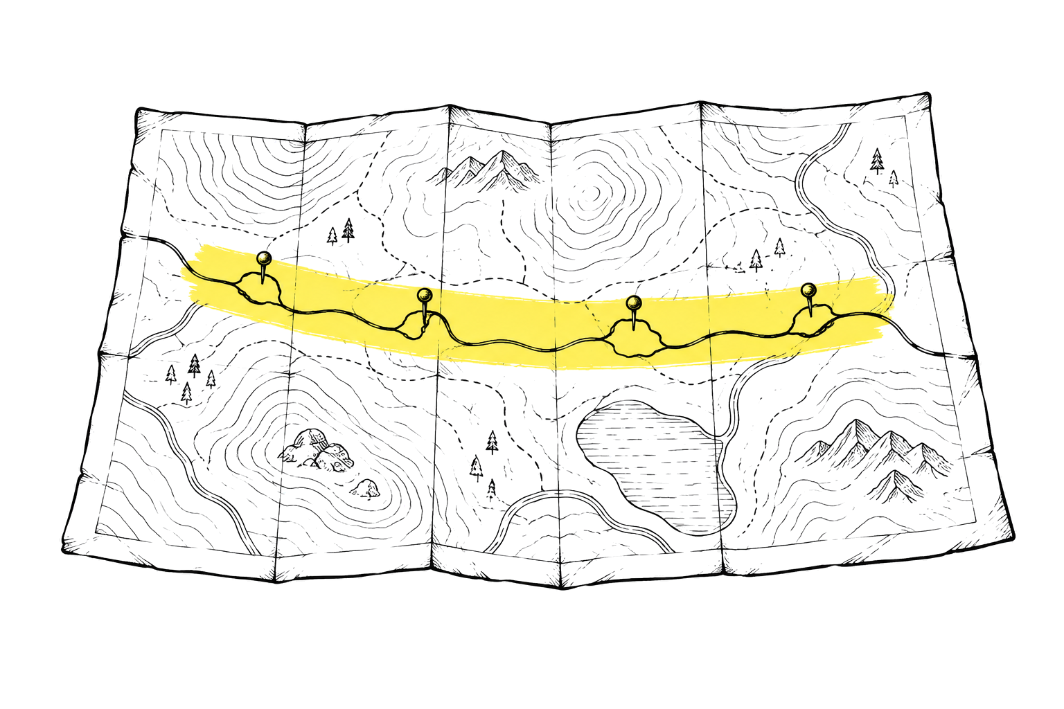 Lijntekening van een opengevouwen wandelkaart met één route die op vier plekken een klein stukje afwijkt, met een gele markeerstreep onder die afwijkingen.