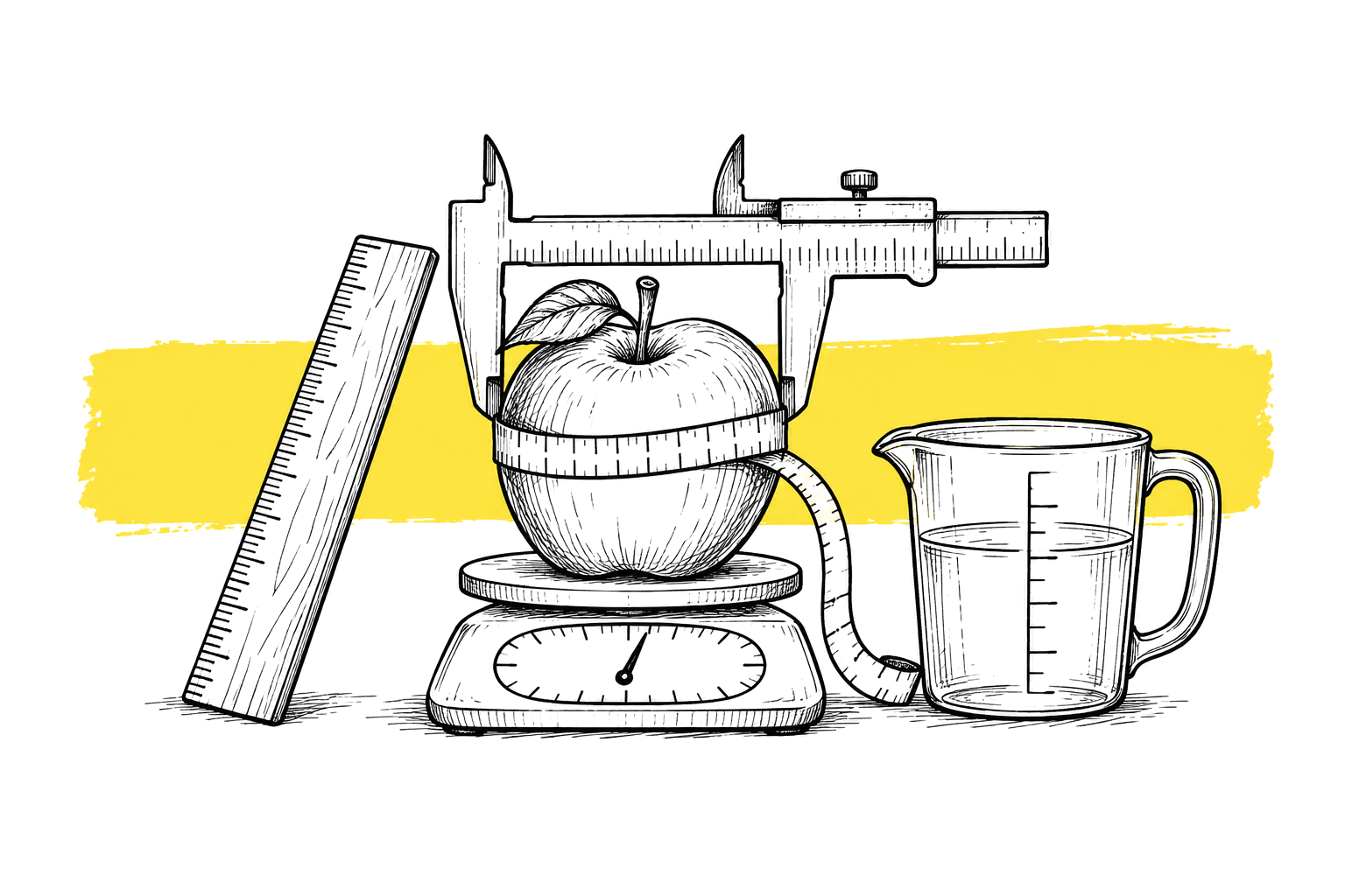 Lijntekening van één appel die tegelijk wordt gemeten met vijf verschillende meetinstrumenten, met een gele markeerstreep achter de appel.