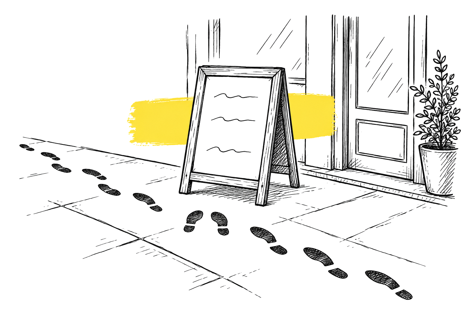 Lijntekening van een stoepbord voor een winkel, waar voetstappen even stilhouden en dan doorlopen zonder naar binnen te gaan, met een gele markeerstreep achter het bord.